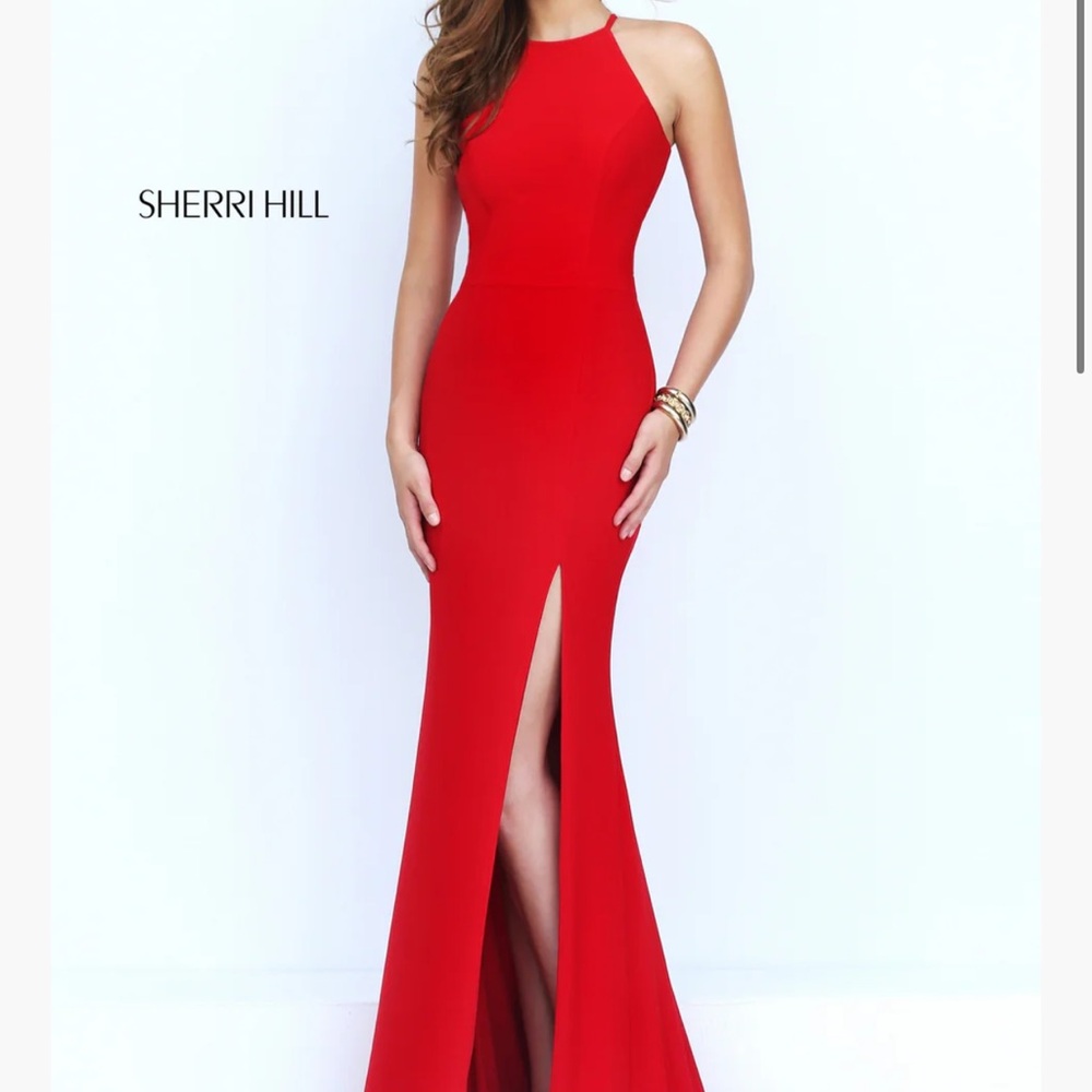 Sherri Hill Red Maxi Dress with Slit and Halter Neckline